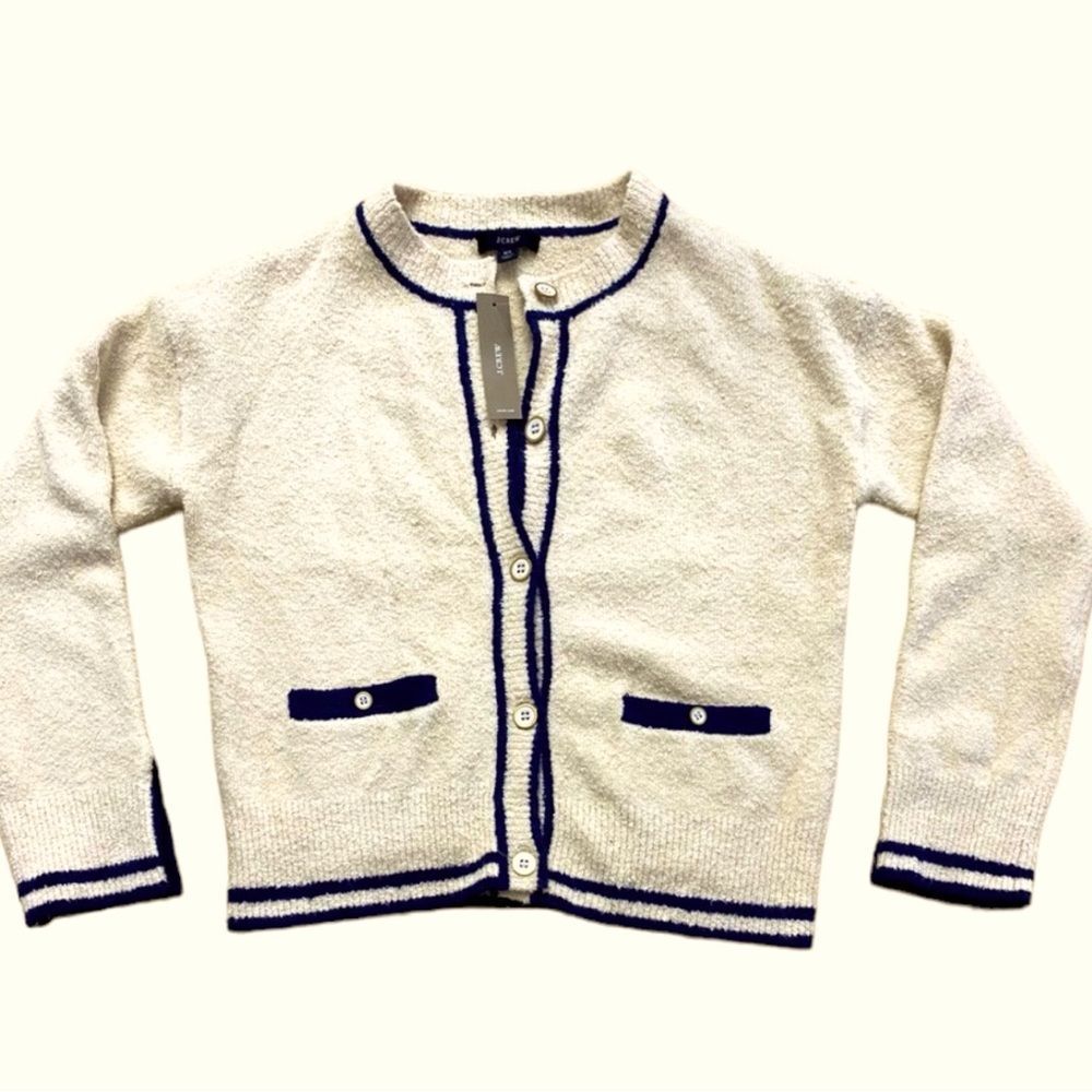 J. Crew Cotton Bouclé Cardigan Sweater Ivory Navy Trim Size S • NEW WITH TAGS • - Picture 5 of 11